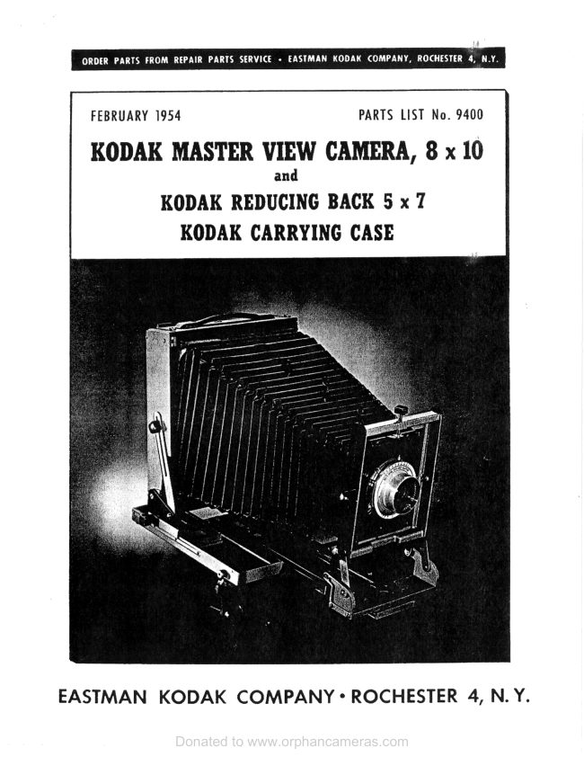 Kodak Master Camera parts list manual cover