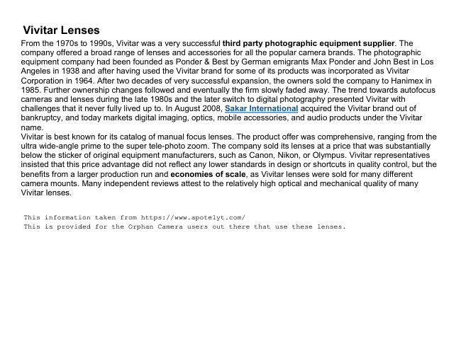 Vivitar Lens Specs manual cover