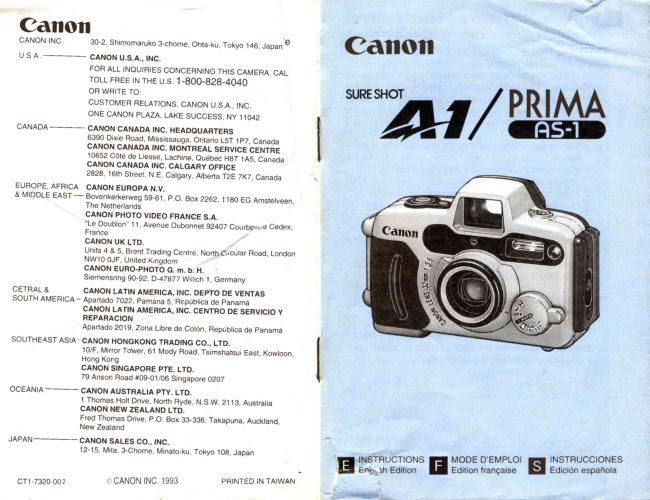 Canon Sureshot A1 Prima As 1 manual cover