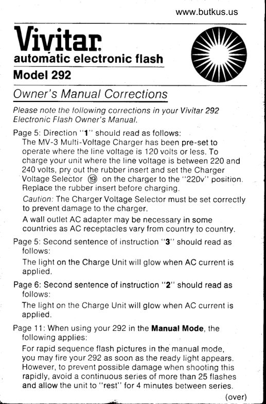 Vivitar 292 Flash corrections manual cover