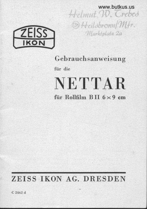 Zeiss Ikon Nettar 6X9cm manual cover