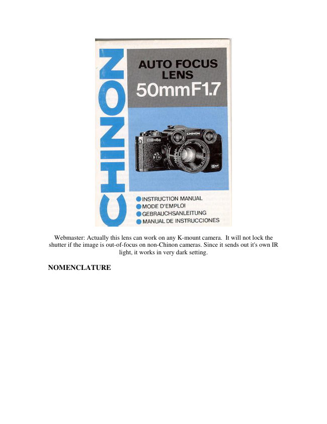 Chinon AF 50mm lens manual cover