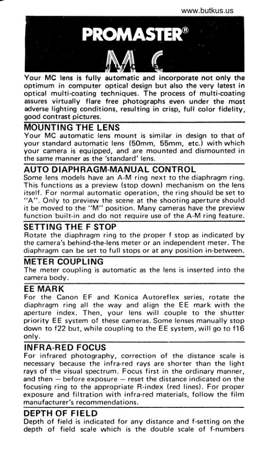 Promaster MC Automatic Lenses manual cover