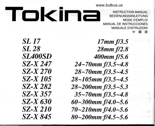 Tokina Zoom Lensesmanual focus instructions manual cover