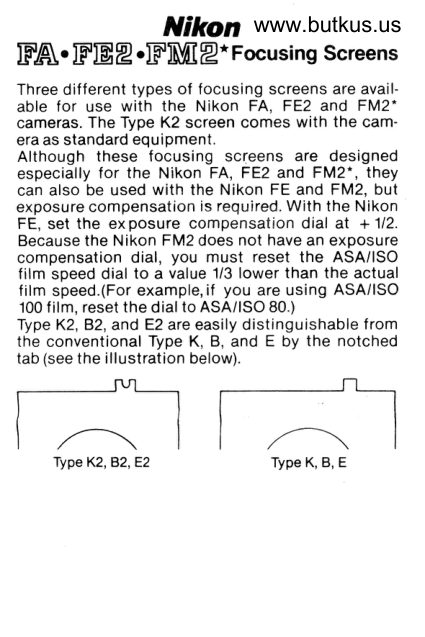 Nikon FA-FE2-FM2 focusing screen instructions manual cover