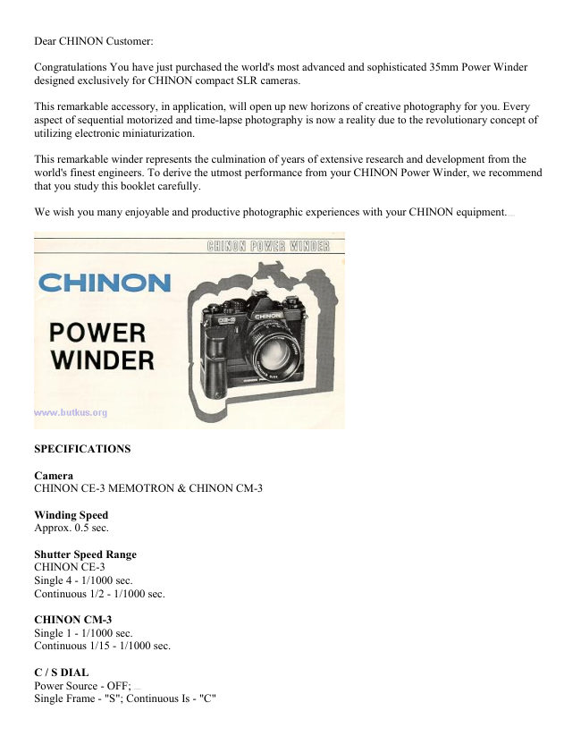 Chinon Power winder manual cover