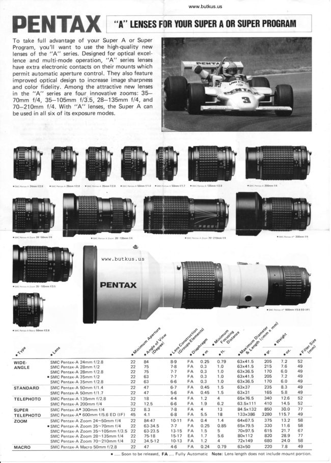 Pentax "A" lenses manual cover