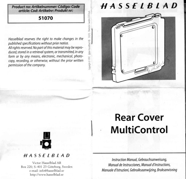 Hasselblad Rear Cover MultiControl manual cover