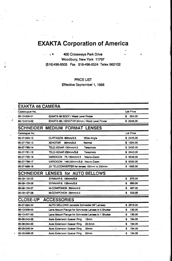 EXAKTA 66 prices / booklet manual cover
