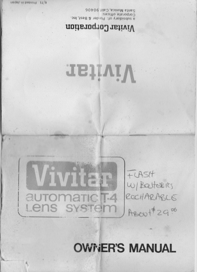 Vivitar T-4 Zoom lens manual cover