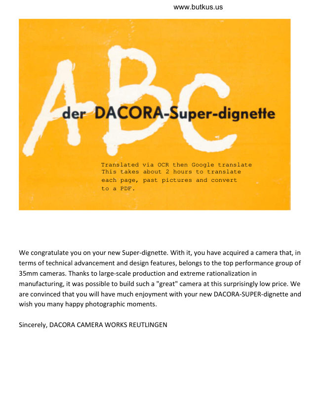 Dacora Super Dignette Translated manual cover