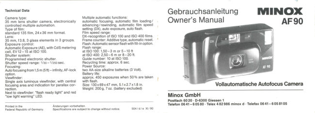 Minox AF90 manual cover