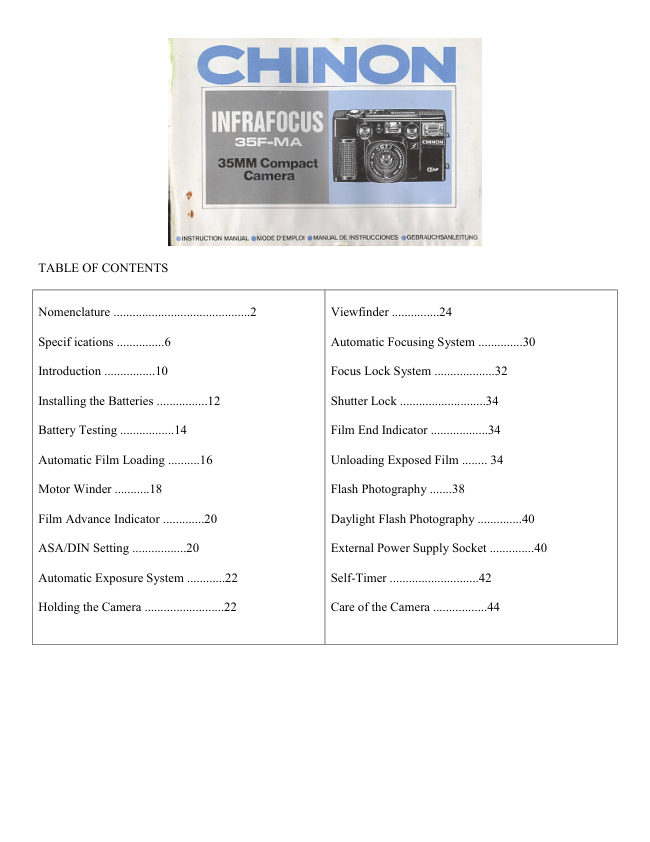 Chinon Intrafocus35F-MA manual cover