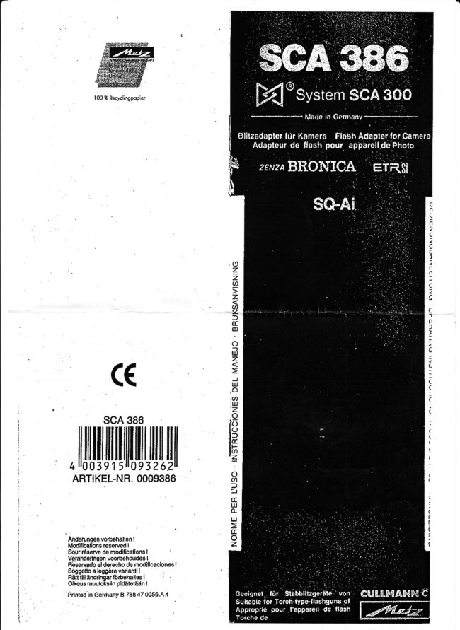 Metz 45 SCA386 for Bronica ETRsi TTL module manual cover