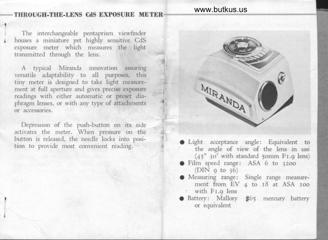 Miranda Through the lens CDs exposure meter (Miranda T) manual cover
