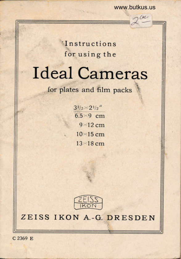 IDEAL CAMERA - 02FOR PLATES AND FILM PACKS3 1/2 X 2 1/29 X 12 CM 10 X 15 CM13 X 18 CM manual cover