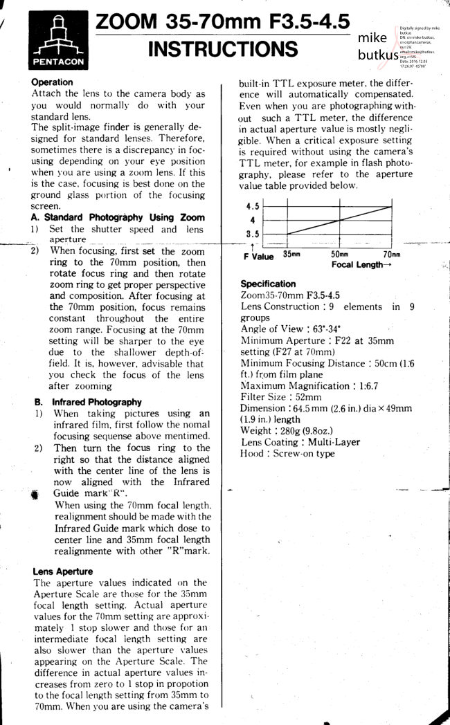 Praktica Pentacon 35-70MM ZOOM LENS manual cover