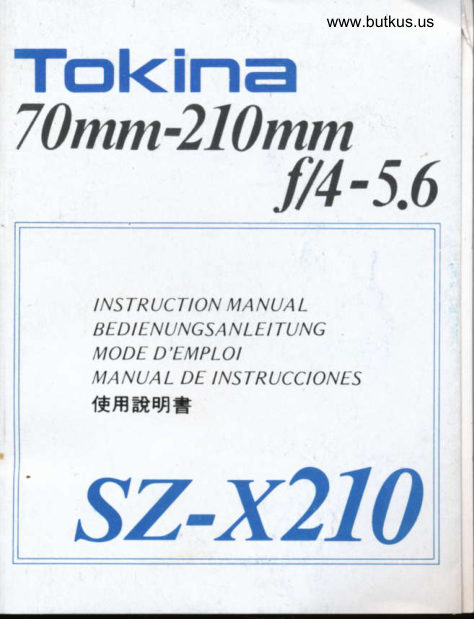 Tokina 70-210mm F4-5.6SZ-X210 manual cover