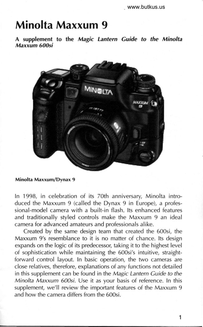 Minolta Maxxum 9Supplement manual cover