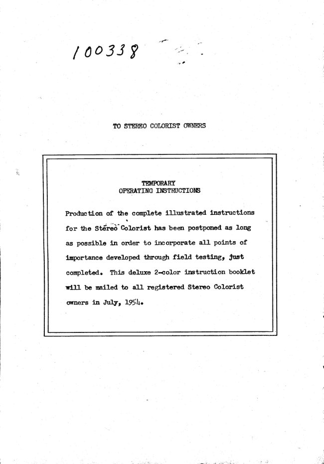 Stereo Colorist Temporary Instructions manual cover