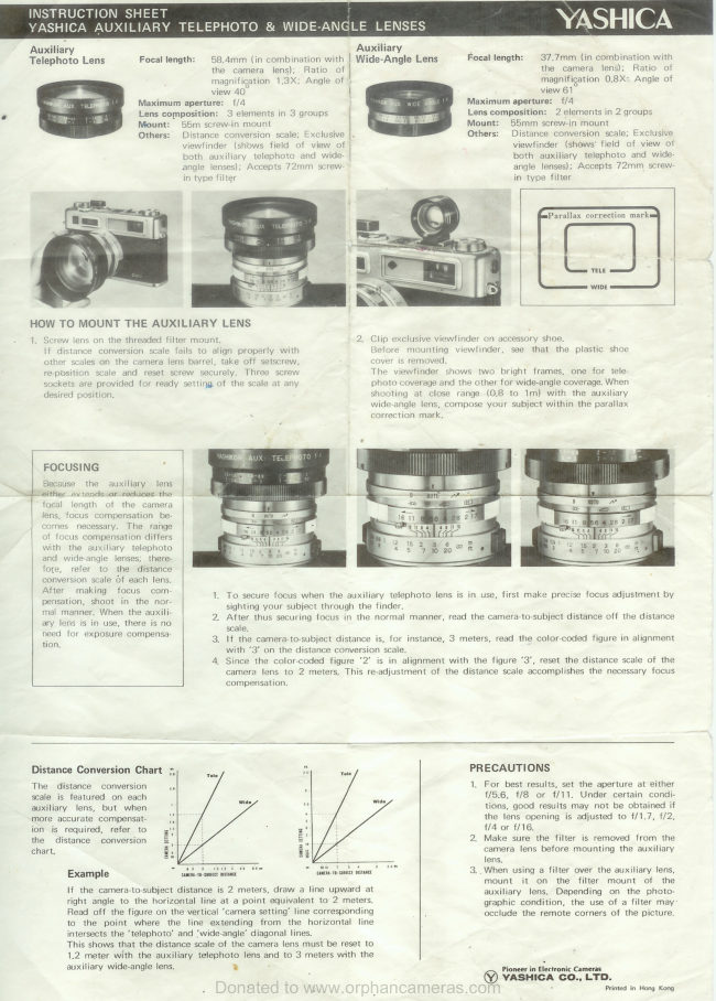 Yashica Aux lens instructions(rangefinders) manual cover
