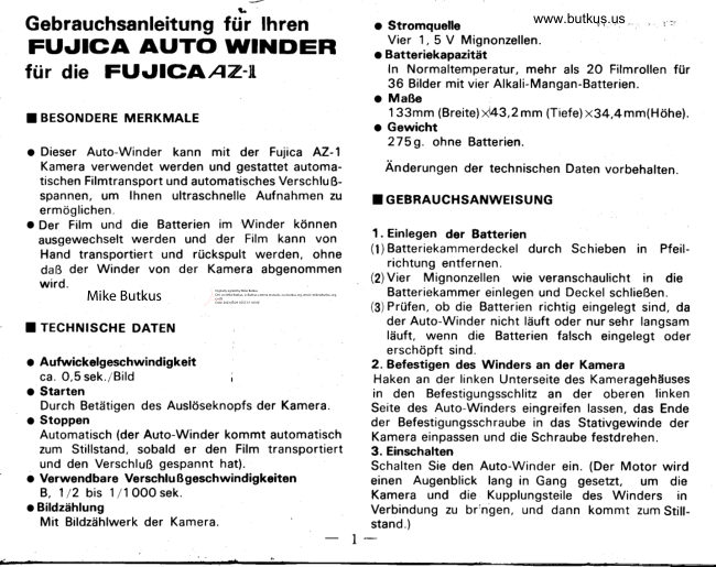 Fujica Winder Az 1 manual cover
