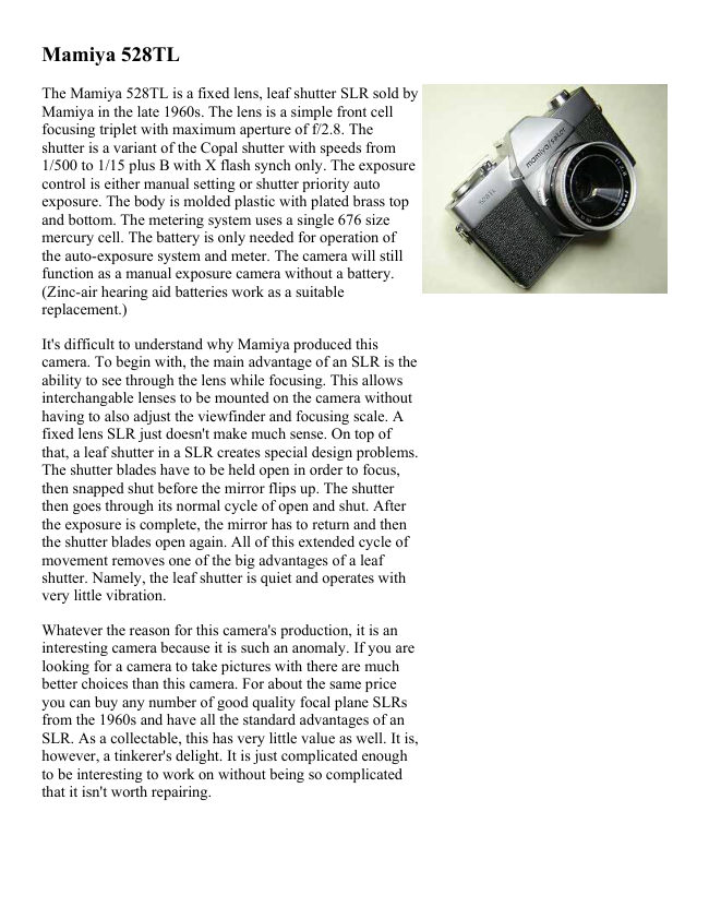 Mamiya 528TL Lens Fix manual cover