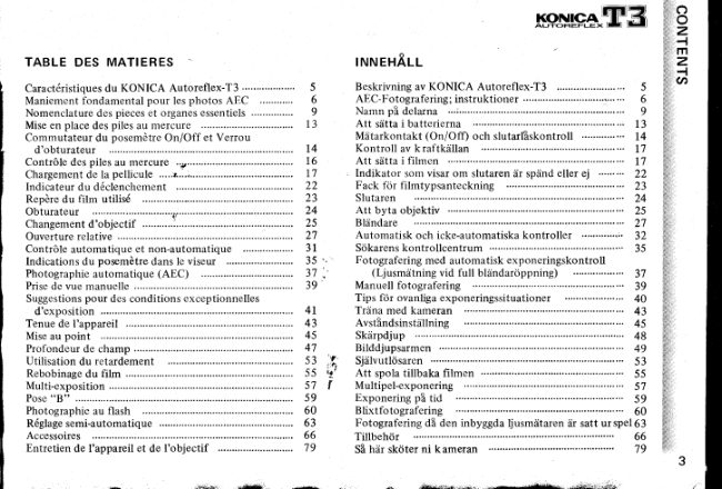 Konica Autoreflex T3 — additional sections manual cover