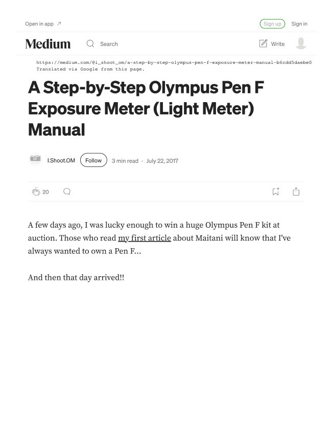 Olympus Pen F Light Meter Instructions Web page translated from another site to manual cover