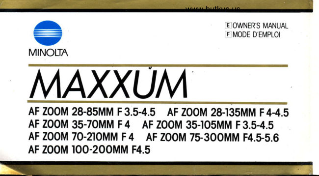 Minolta Maxxum zoom lenses manual cover