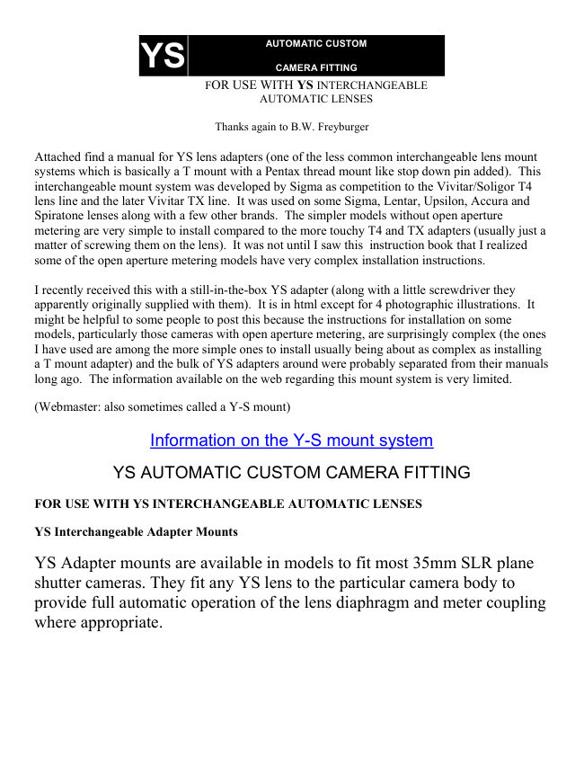 Y-S lens mount manual cover