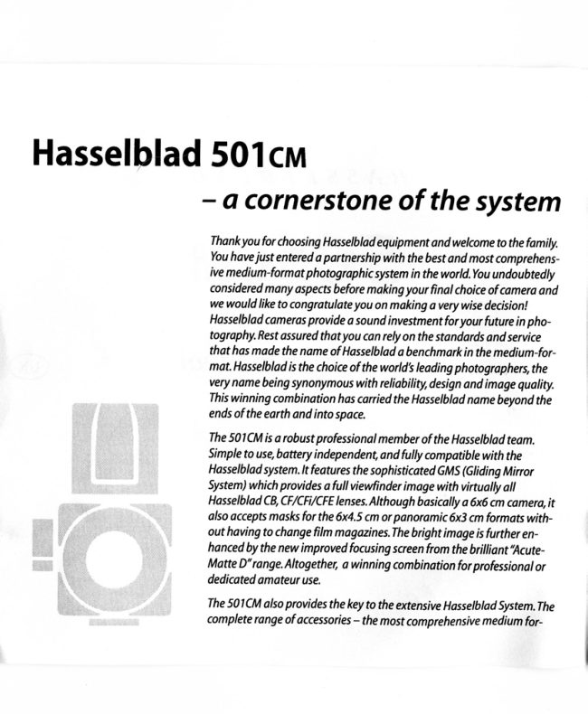 Hasselblad 501 CM / 503 CW — text section manual cover