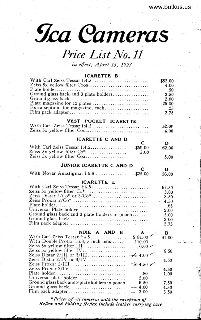 ICA Camera - Price list 1927 manual cover
