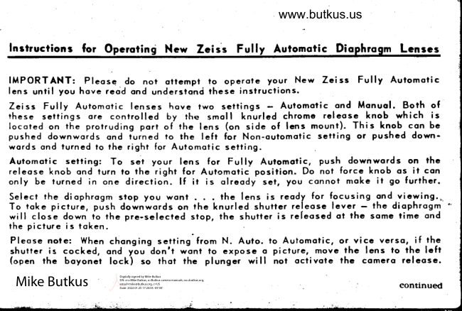 Zeiss fully automatic diaphragm lenses manual cover