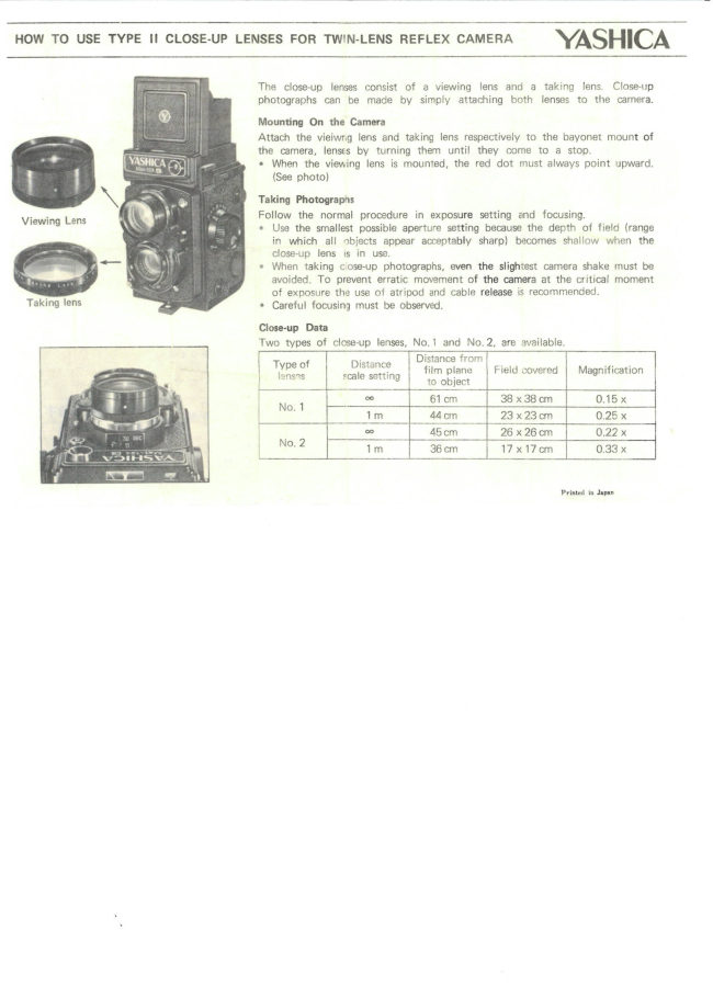 Yashica close up lens information manual cover
