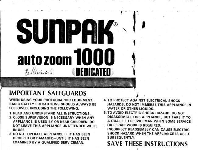 Sunpak Auto Zoom 1000 Dedicated instructions manual cover