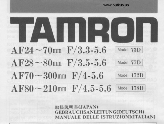 Tamron AF Zoom Lenses AF24-70mmAF28-80mmAF70-300mm AF80-210mm manual cover