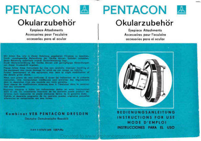 PENTACON eyepiece manual cover