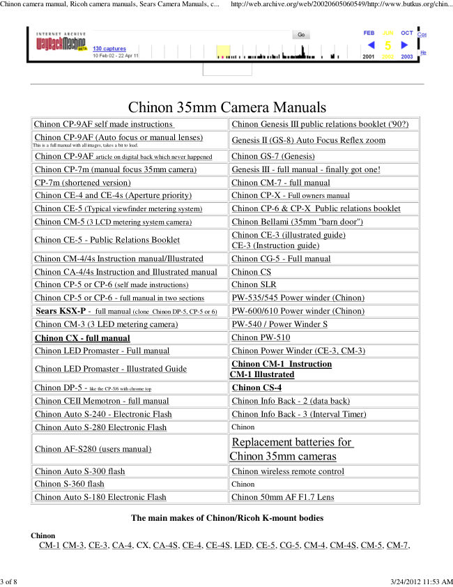 Butkus camera archive — 2002 manual cover