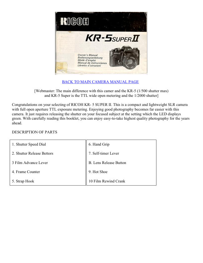 Ricoh KR-5 Super II manual cover