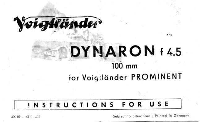 Voigtlander Prominent Dyanron 100mm manual cover