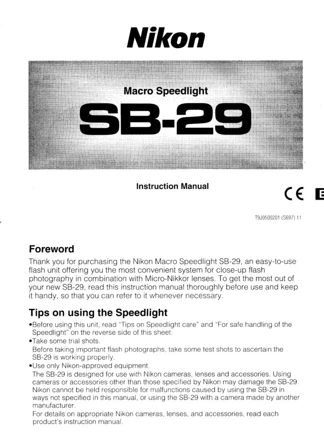 Nikon SB-29 Macro Speedlight manual cover