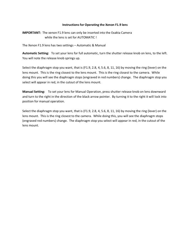 Instructions forOperating the Xenon F1.9 lenson an Exakta manual cover