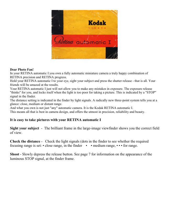 Kodak Retina Automatic I manual cover