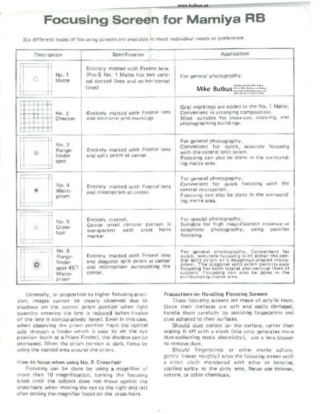 Mamiya RB Focusing Screens manual cover