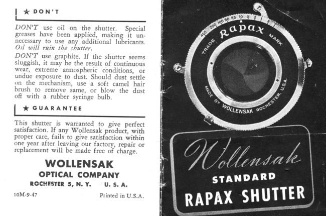 Wollensak Standard Rapax Shutter manual cover