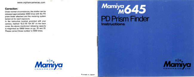 Mamiya M645 PD Prism Finder manual cover
