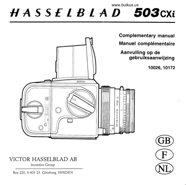 Hasselblad 503CXI Complementary manual cover