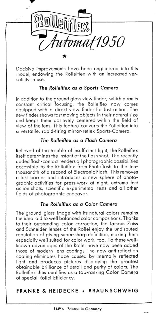 Rolleiflex Automat 1950 booklet manual cover