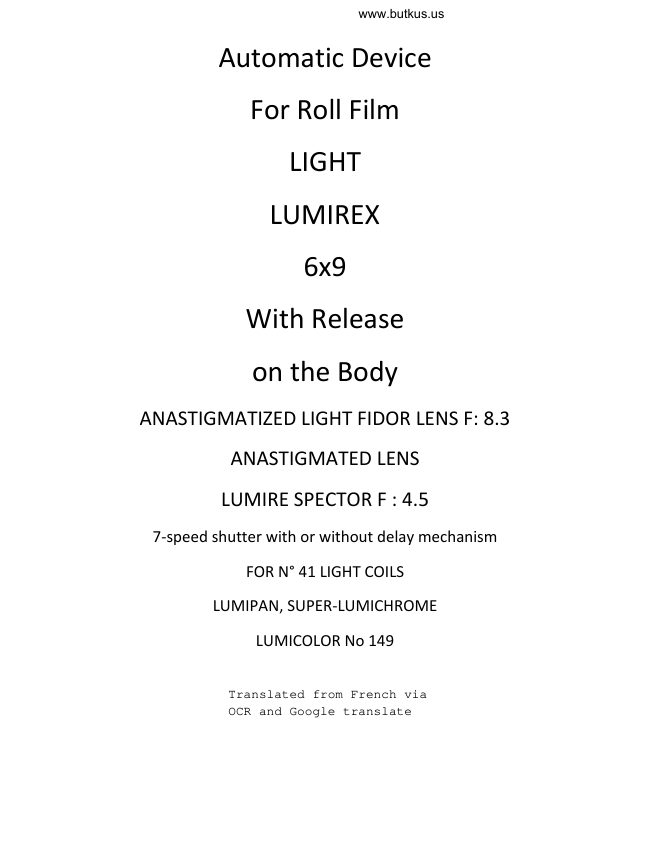 Lumiere Lumirex 6X9 manual cover